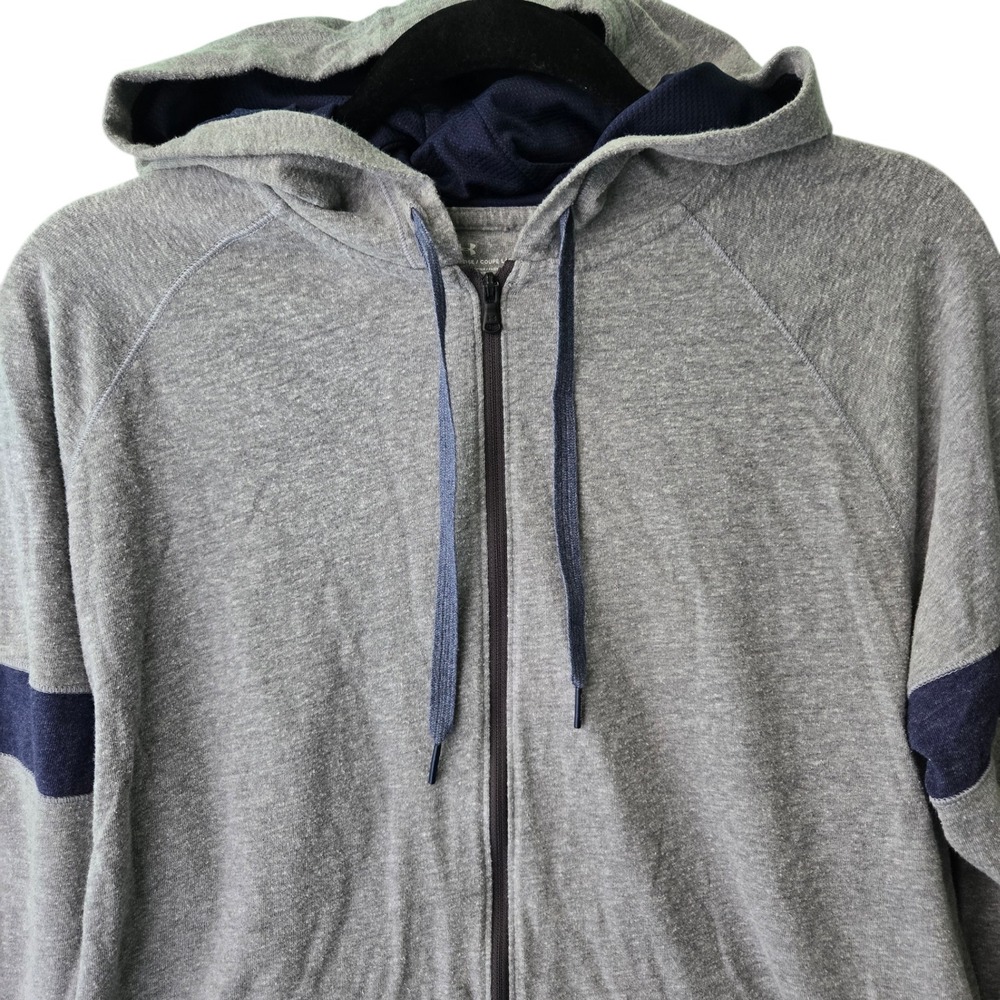 Under Armour Mens Gray‎ Navy Blue Full Zip Hoodie Loose Fit Large Striped Raglan